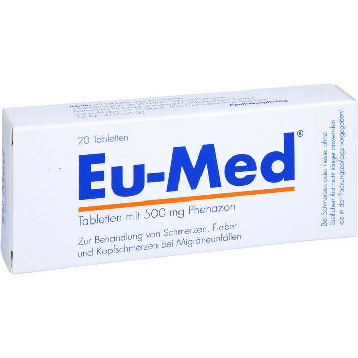 Eu-Med Pharmore Tabletten mit 500 mg Phenazon bei Schmerzen und Fieber, 20 St. Tabletten
