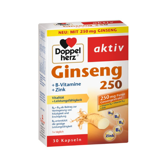 Doppelherz aktiv Ginseng 250 + B-Vitamine + Zink Kapseln trägt zu einer normalen Funktion des  Nervensystems bei, 30 St. Kapseln