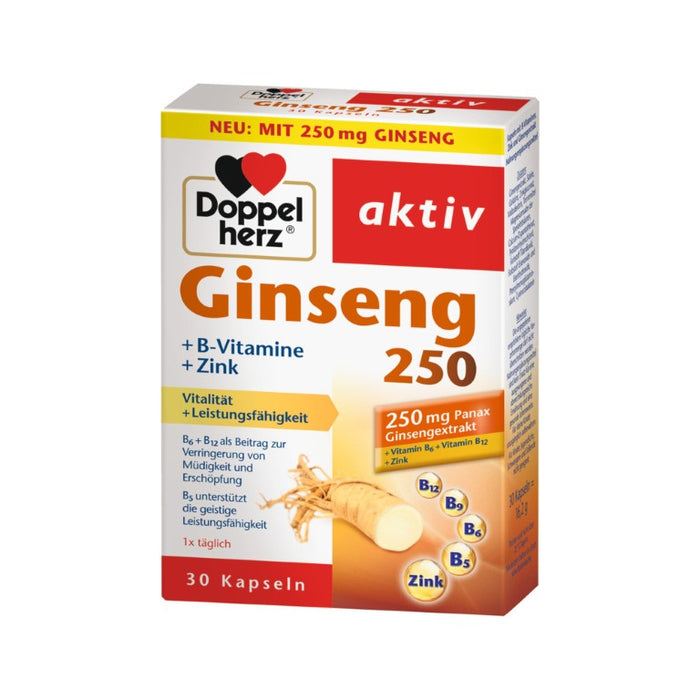 Doppelherz aktiv Ginseng 250 + B-Vitamine + Zink Kapseln trägt zu einer normalen Funktion des  Nervensystems bei, 30 St. Kapseln
