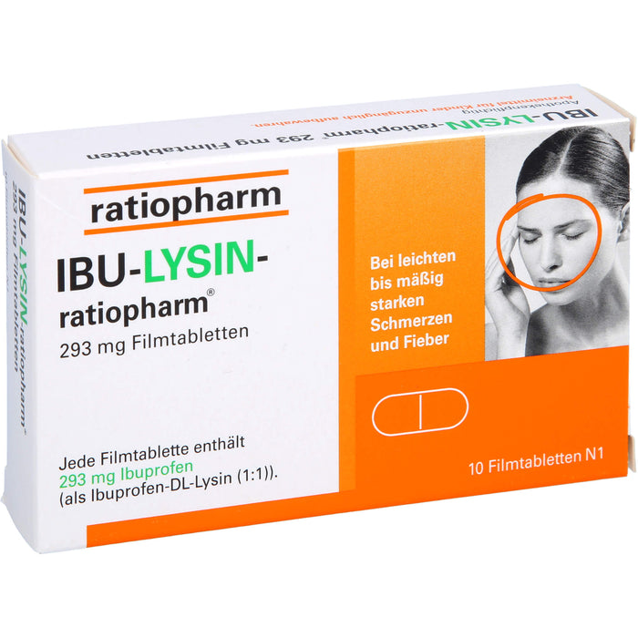 IBU-LYSIN-ratiopharm 293 mg Filmtabletten bei Schmerzen und Fieber, 10 pcs. Tablets