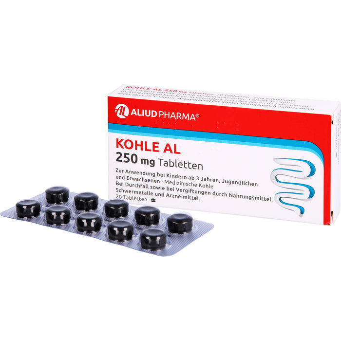 Kohle AL 250 mg Tabletten bei Durchfall, 20 St. Tabletten