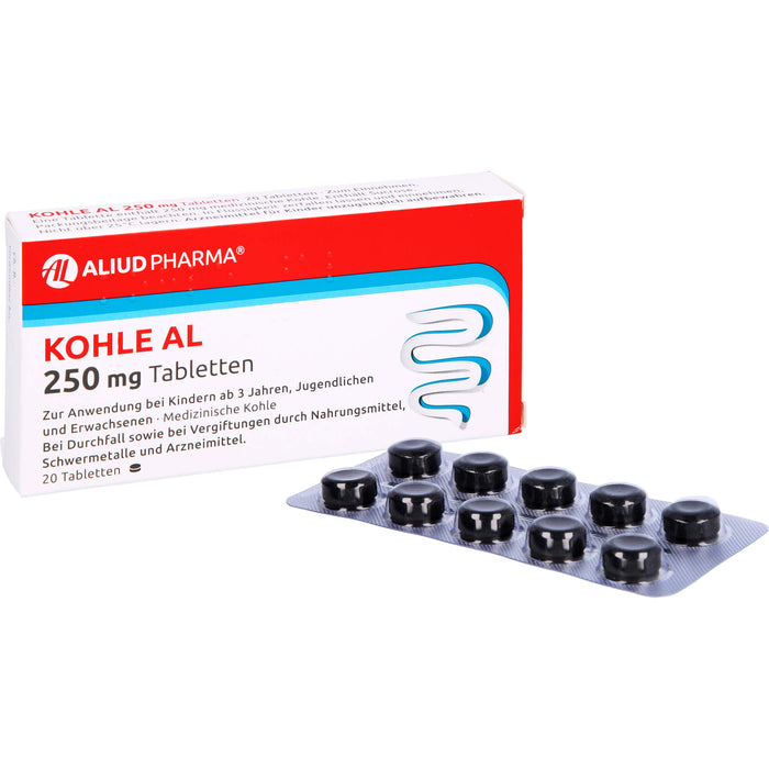Kohle AL 250 mg Tabletten bei Durchfall, 20 pcs. Tablets
