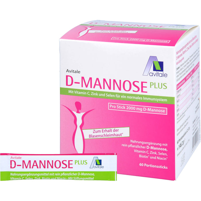 Avitale D-Mannose Pulver mit Vitamin C, Zink und Selen für ein normales Immunsystem zum Erhalt der Blasenschleimhaut, 60 pcs. Sachets