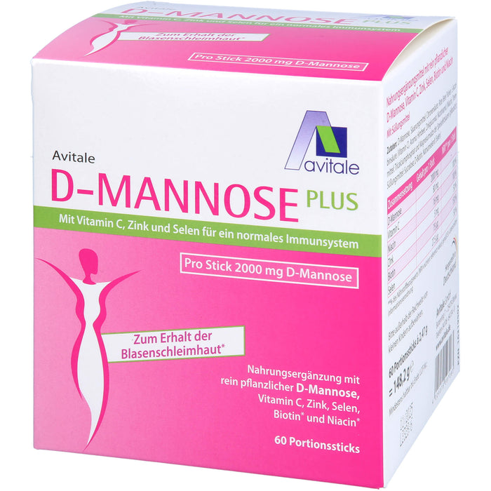 Avitale D-Mannose Pulver mit Vitamin C, Zink und Selen für ein normales Immunsystem zum Erhalt der Blasenschleimhaut, 60 pcs. Sachets
