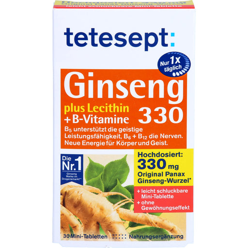 Tetesept Ginseng 330 plus Lecithin + B-Vitamine Mini-Tabletten unterstützt die geistige Leistungsfähigkeit, 30 St. Tabletten