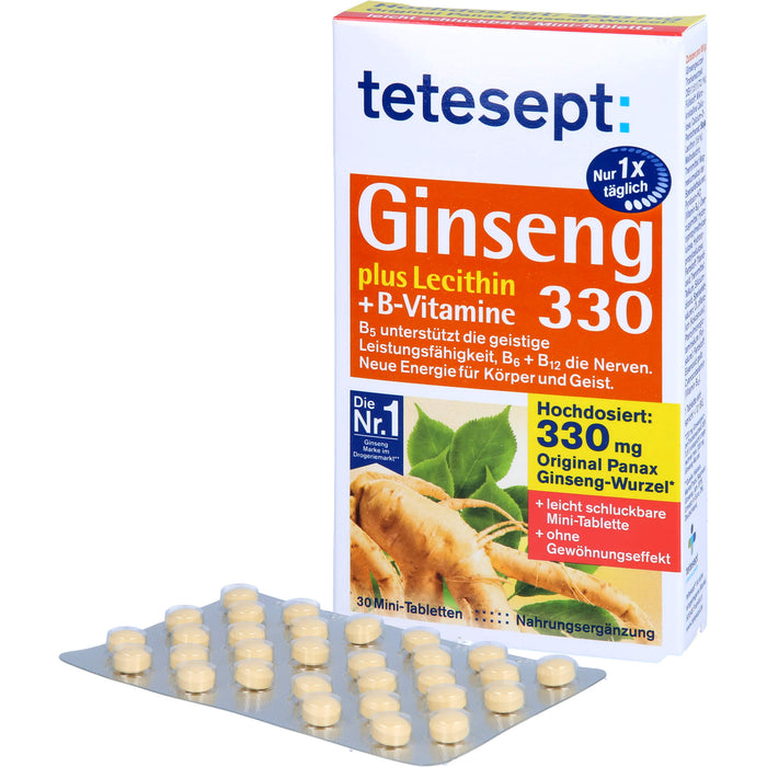 Tetesept Ginseng 330 plus Lecithin + B-Vitamine Mini-Tabletten unterstützt die geistige Leistungsfähigkeit, 30 pc Tablettes