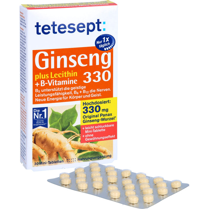 Tetesept Ginseng 330 plus Lecithin + B-Vitamine Mini-Tabletten unterstützt die geistige Leistungsfähigkeit, 30 pc Tablettes