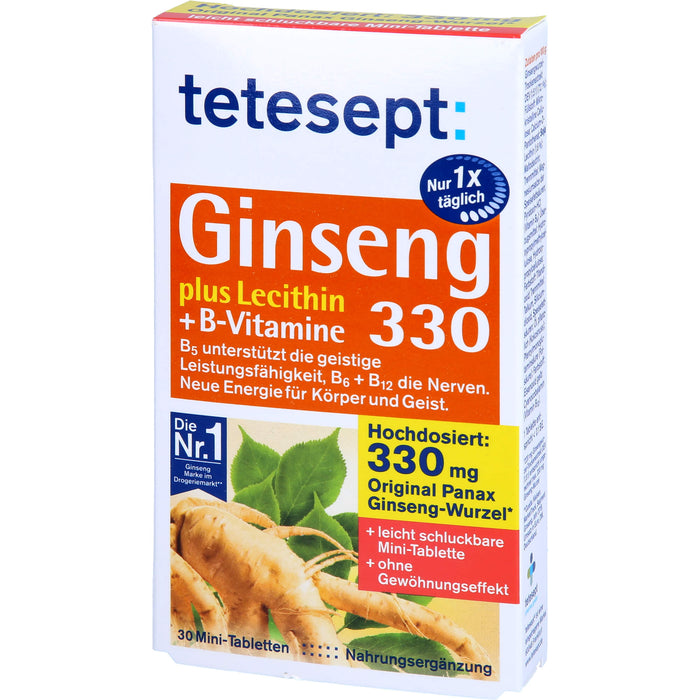 Tetesept Ginseng 330 plus Lecithin + B-Vitamine Mini-Tabletten unterstützt die geistige Leistungsfähigkeit, 30 St. Tabletten