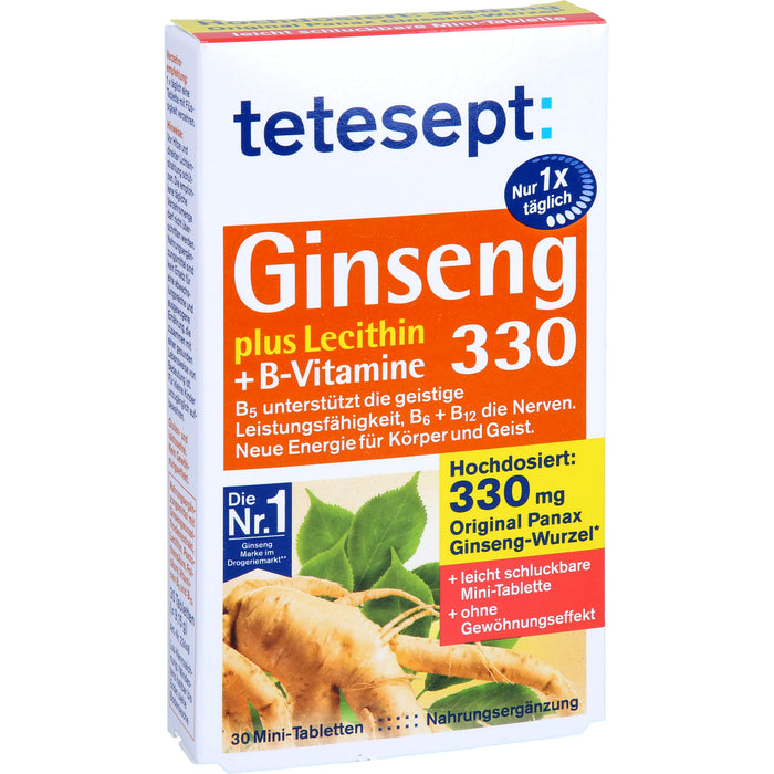 Tetesept Ginseng 330 plus Lecithin + B-Vitamine Mini-Tabletten unterstützt die geistige Leistungsfähigkeit, 30 pc Tablettes