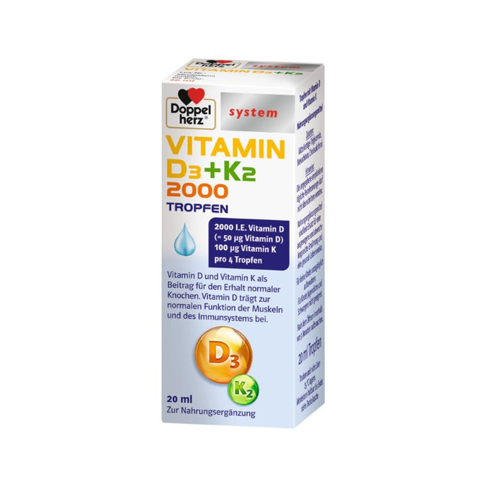 Doppelherz Vitamin D3 2000 + K2 Tropfen für den Erhalt normaler Knochen, 20 ml Lösung