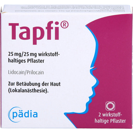 Tapfi 25 mg / 25 mg Lidocain / Prilocain wirkstoffhaltiges Pflaster zur präventiven Schmerzreduktion, 2 St. Pflaster