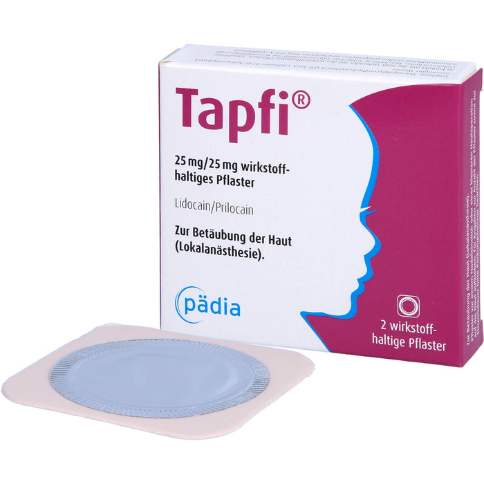 Tapfi 25 mg / 25 mg Lidocain / Prilocain wirkstoffhaltiges Pflaster zur präventiven Schmerzreduktion, 2 pc Pansement