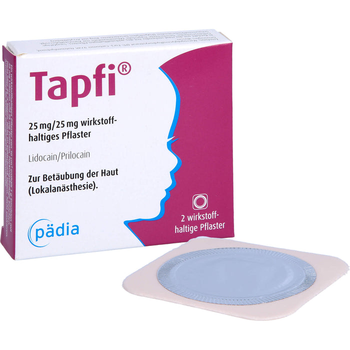Tapfi 25 mg / 25 mg Lidocain / Prilocain wirkstoffhaltiges Pflaster zur präventiven Schmerzreduktion, 2 pcs. Patch