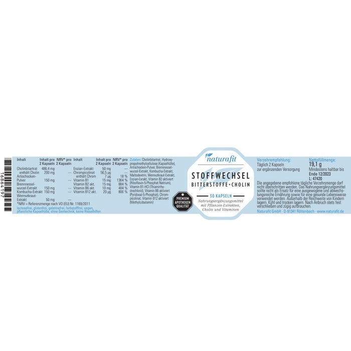 naturafit Stoffwechsel Bitterstoffe + Cholin, 30 pcs. Capsules