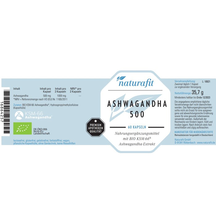 Naturafit Ashwagandha 500 mg Kapseln, 60 pc Capsules