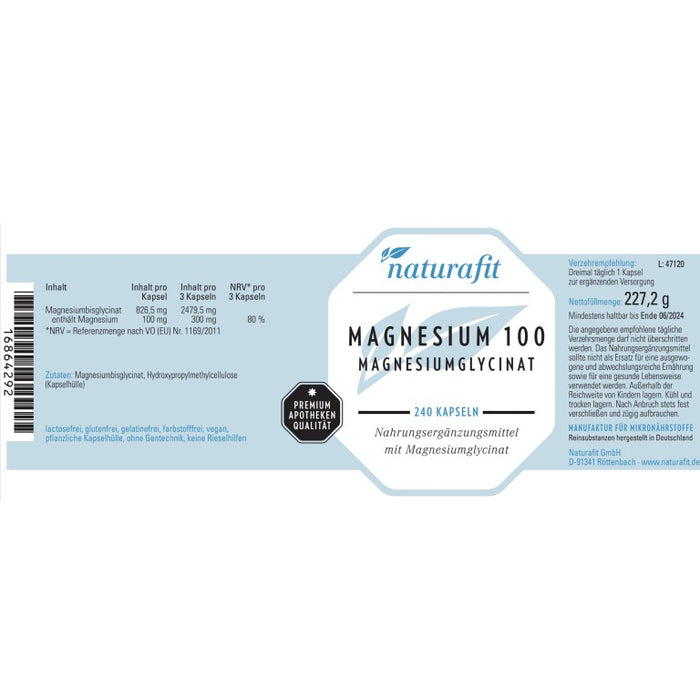 naturafit Magnesium 100 mg Magnesiumglycinat, 240 St. Kapseln