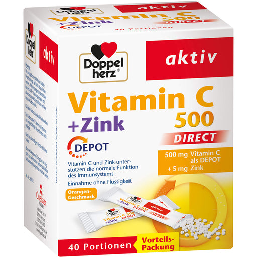 Doppelherz Vitamin C 500 + Zink Depot direct Pellets zur Unterstützung des Immunsystems mit Orangengeschmack, 40 St. Beutel