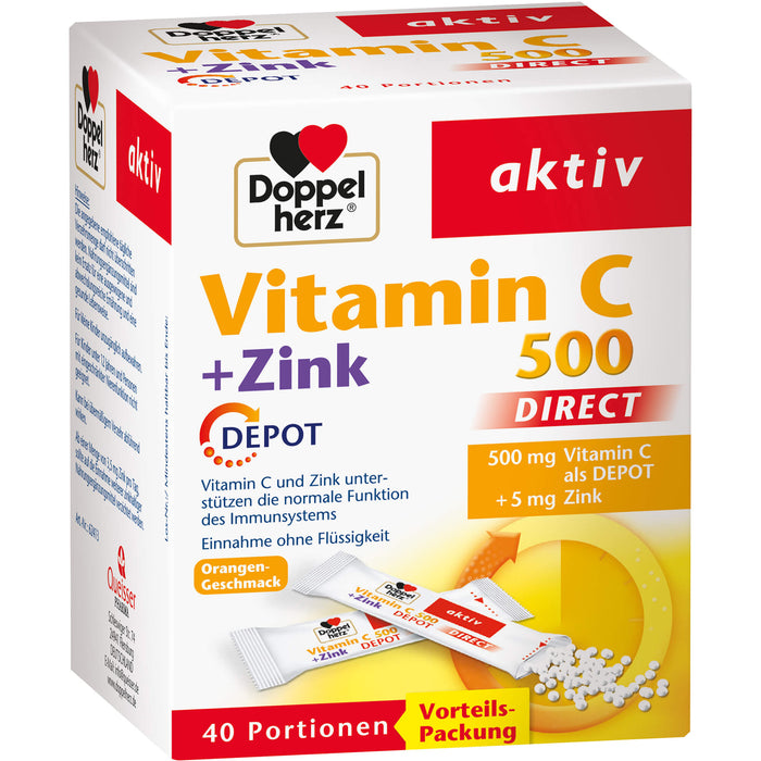Doppelherz Vitamin C 500 + Zink Depot direct Pellets zur Unterstützung des Immunsystems mit Orangengeschmack, 40 St. Beutel
