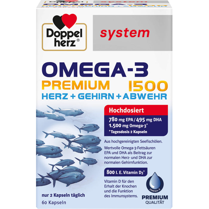 Doppelherz system Omega-3 Premium 1500 Kapseln Herz + Gehirn + Abwehr, 60 St. Kapseln