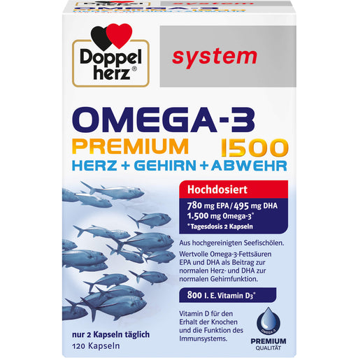 Doppelherz system Omega-3 Premium 1500 Herz + Gehirn + Abwehr Kapseln, 120 St. Kapseln