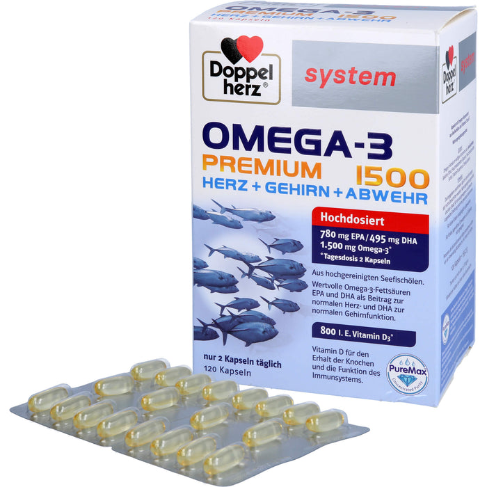 Doppelherz system Omega-3 Premium 1500 Herz + Gehirn + Abwehr Kapseln, 120 St. Kapseln