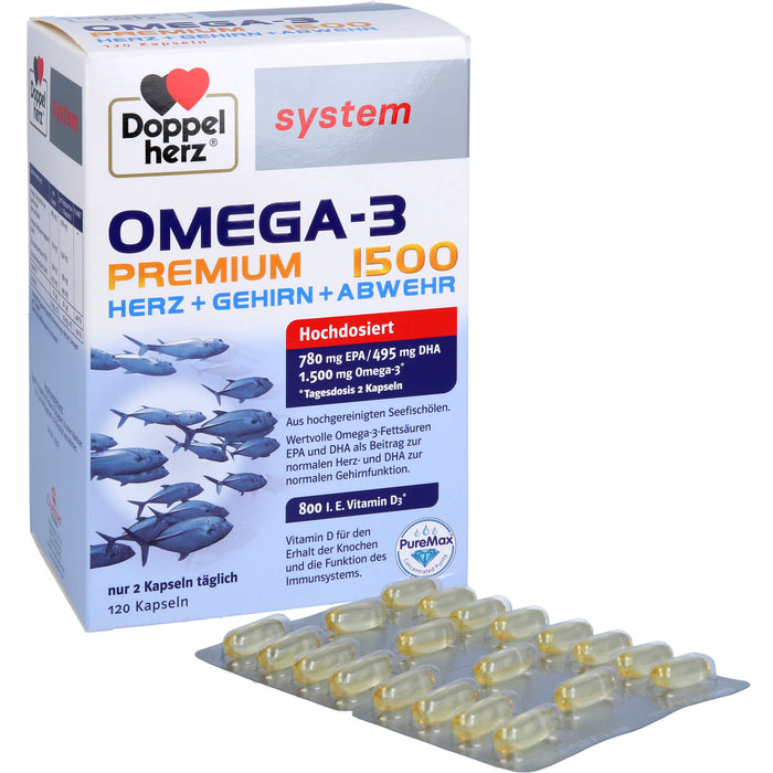 Doppelherz system Omega-3 Premium 1500 Herz + Gehirn + Abwehr Kapseln, 120 St. Kapseln
