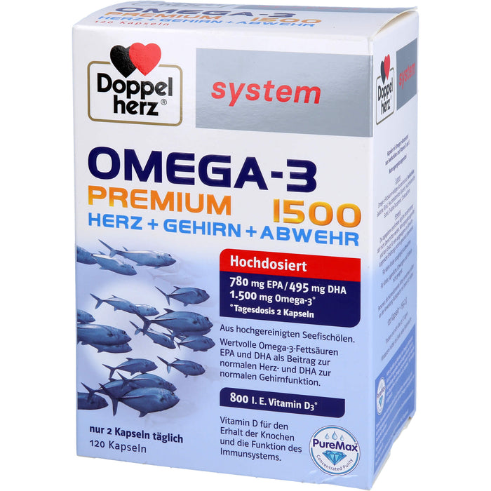 Doppelherz system Omega-3 Premium 1500 Herz + Gehirn + Abwehr Kapseln, 120 St. Kapseln
