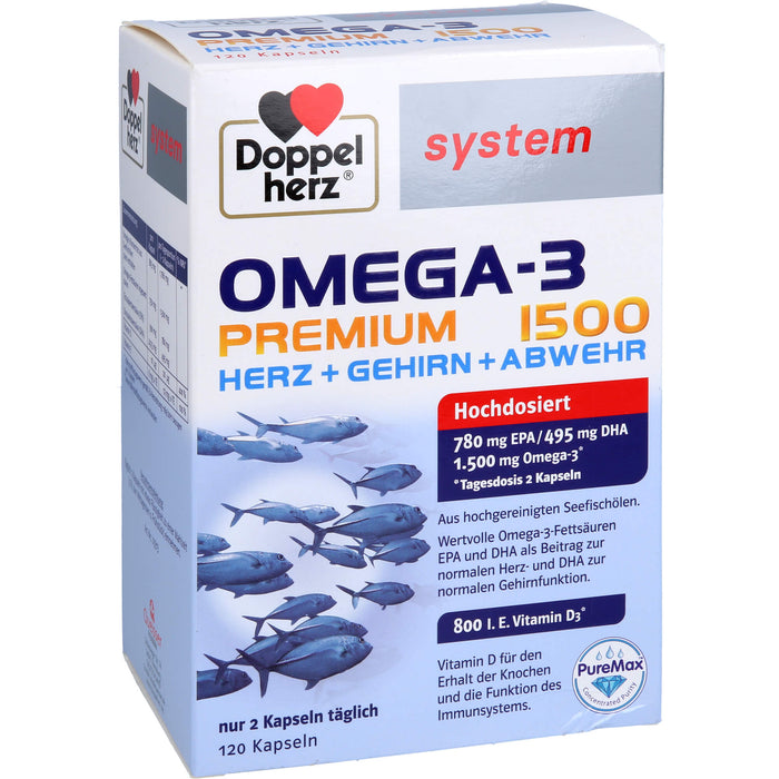 Doppelherz system Omega-3 Premium 1500 Herz + Gehirn + Abwehr Kapseln, 120 St. Kapseln
