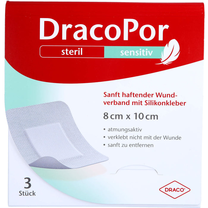 DracoPor sensitiv 8 x 10 cm sanft haftender Wundverband steril mit Silikonkleber, 3 St. Pflaster
