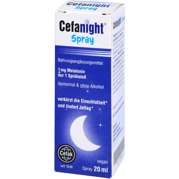 Cefanight Spray mit 1 mg Melatonin verkürzt die Einschlafzeit und lindert Jetlag, 20 ml Lösung