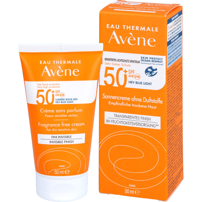 Avène Sonnencreme ohne Duftstoffe LSF 50+ für empfindliche trockene Haut invisible finish, 50 ml Cream