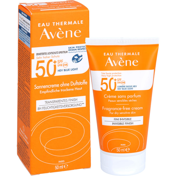 Avène Sonnencreme ohne Duftstoffe LSF 50+ für empfindliche trockene Haut invisible finish, 50 ml Cream
