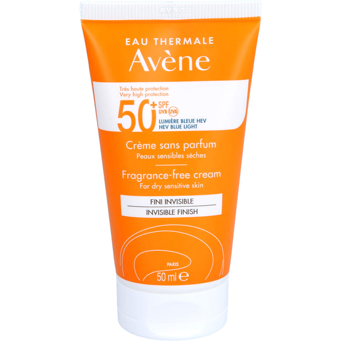 Avène Sonnencreme ohne Duftstoffe LSF 50+ für empfindliche trockene Haut invisible finish, 50 ml Cream
