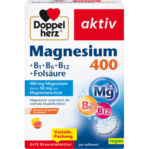 Doppelherz aktiv Magnesium 400 + B1 + B6 + B12 + Folsäure Brausetabletten für eine normale Muskelfunktion, 90 St. Brausetabletten