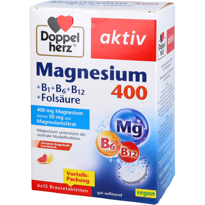 Doppelherz aktiv Magnesium 400 + B1 + B6 + B12 + Folsäure Brausetabletten für eine normale Muskelfunktion, 90 pcs. Effervescent tablets