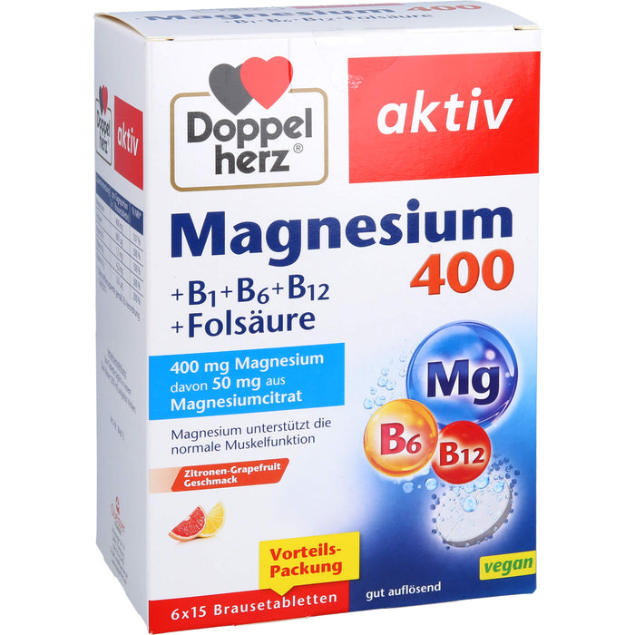 Doppelherz aktiv Magnesium 400 + B1 + B6 + B12 + Folsäure Brausetabletten für eine normale Muskelfunktion, 90 pcs. Effervescent tablets