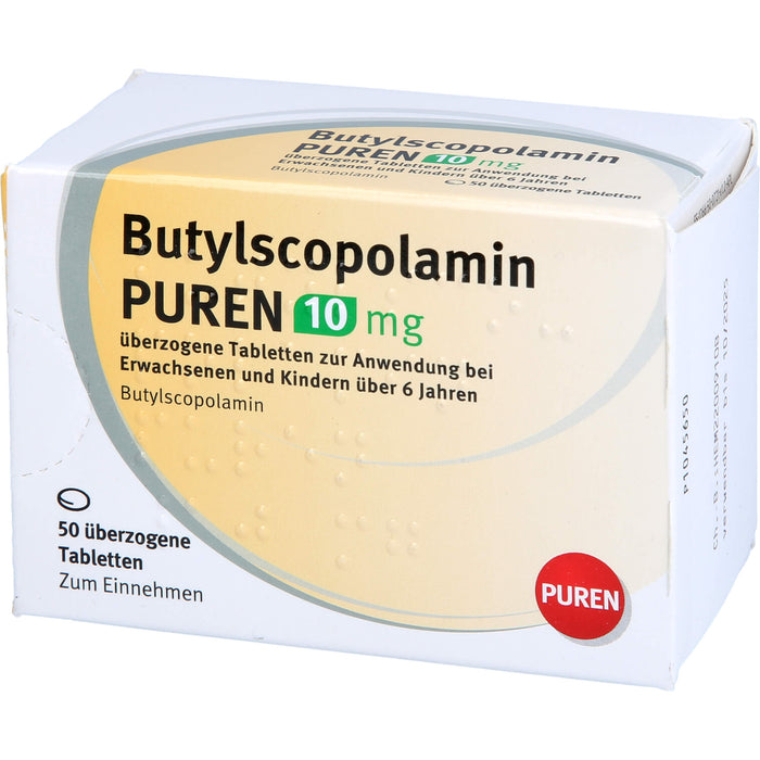 PUREN Butylscopolamin 10 mg Tabletten zur Linderung von Krämpfen in den Muskeln, 50 pc Tablettes