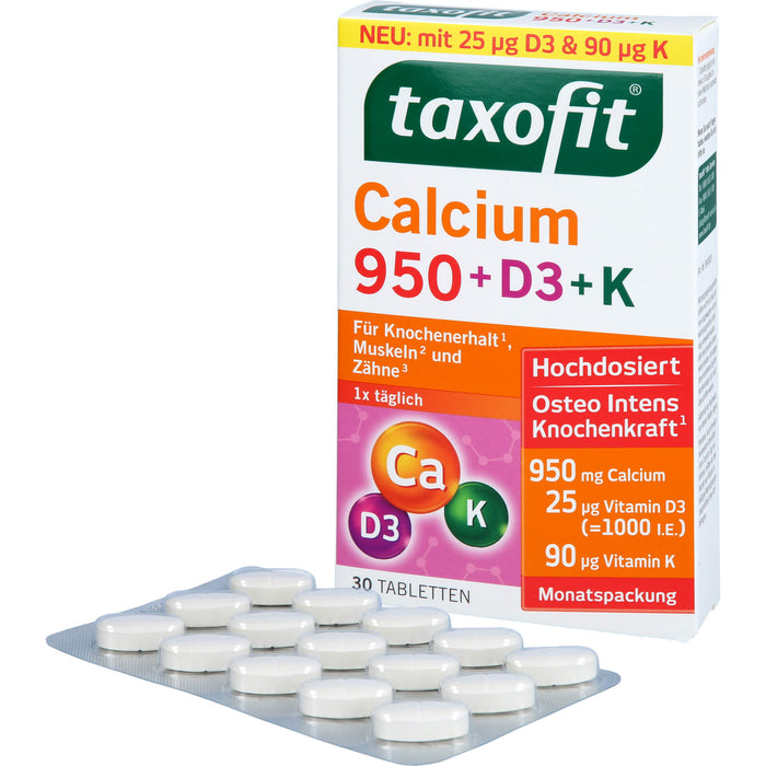 Taxofit Calcium 950 + D3 + K Tabletten für Knochenerhalt, Muskeln und Zähne, 30 pcs. Tablets