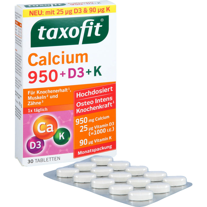 Taxofit Calcium 950 + D3 + K Tabletten für Knochenerhalt, Muskeln und Zähne, 30 pcs. Tablets