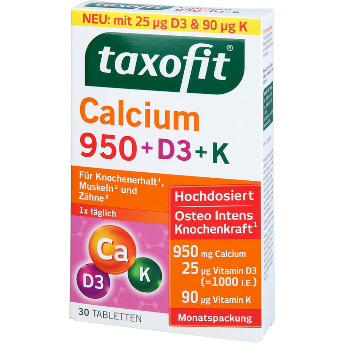 Taxofit Calcium 950 + D3 + K Tabletten für Knochenerhalt, Muskeln und Zähne, 30 pcs. Tablets