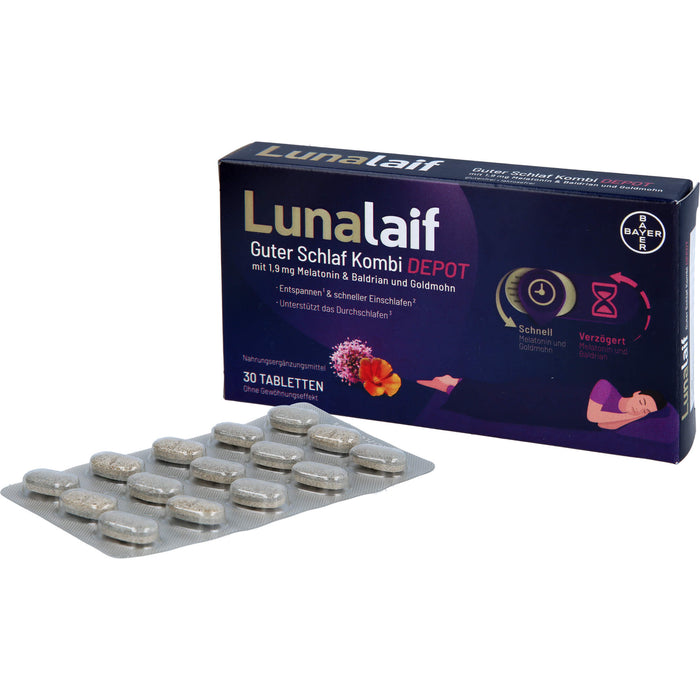 Lunalaif Guter Schlaf Kombi Depot Tabletten mit 1,9 mg Melatonin, Baldrian und Goldmohn, 30 pcs. Tablets