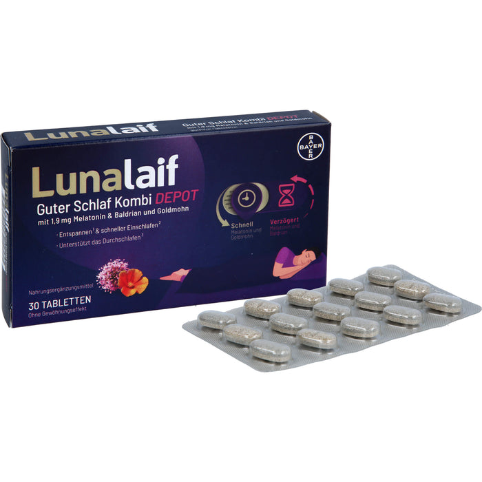 Lunalaif Guter Schlaf Kombi Depot Tabletten mit 1,9 mg Melatonin, Baldrian und Goldmohn, 30 St. Tabletten