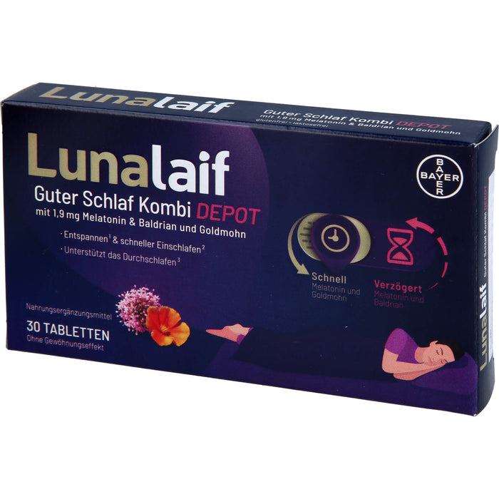 Lunalaif Guter Schlaf Kombi Depot Tabletten mit 1,9 mg Melatonin, Baldrian und Goldmohn, 30 pcs. Tablets
