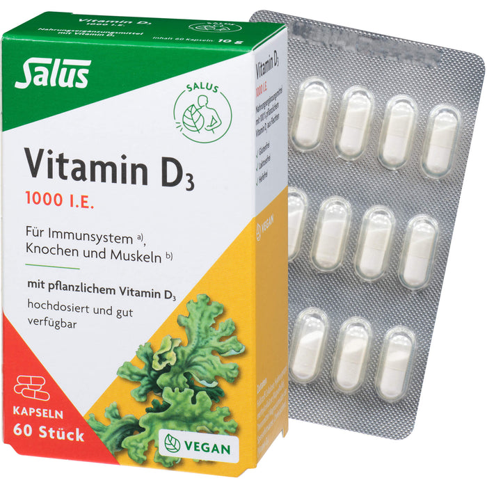 Salus Vitamin D3 1000 I.E. Kapseln für Immunsystem, Knochen und Muskeln, 60 pc Capsules