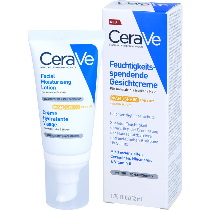 CeraVe feuchtigkeitsspendende Gesichtscreme mit LSF 50 für normale bis trockene Haut, 52 ml Creme