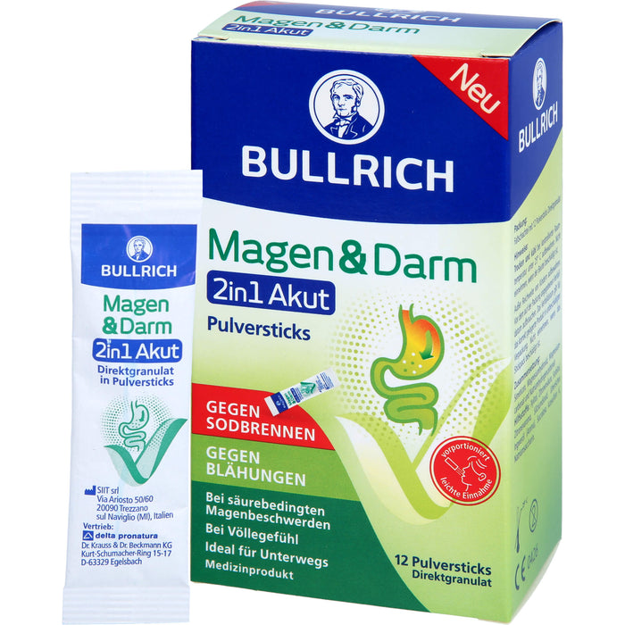BULLRICH Magen und Darm 2in1 Akut Pulversticks gegen Sodbrennen und gegen Blähungen, 12 pc Bâtonnets