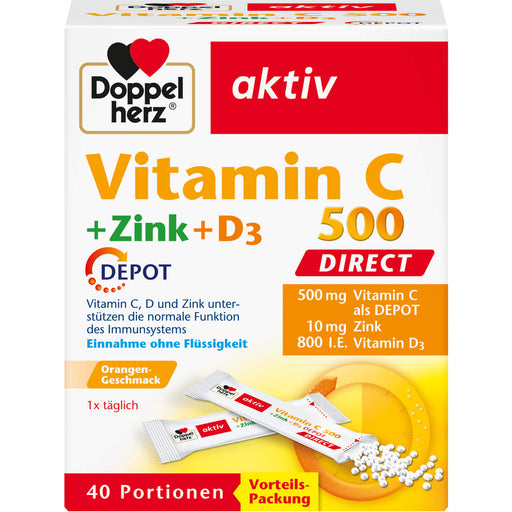 Doppelherz aktiv Vitamin C 500 + Zink + D3 Direktgranulat mit Orangengeschmack, 40 St. Beutel