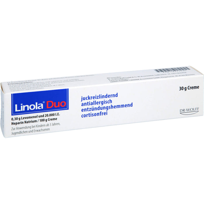 Linola Duo 0,30 g Levomenol und 20.000 I.E. Heparin Natrium Creme gegen Juckreiz bei Neurodermitis und Ekzemen, 30 g Crème
