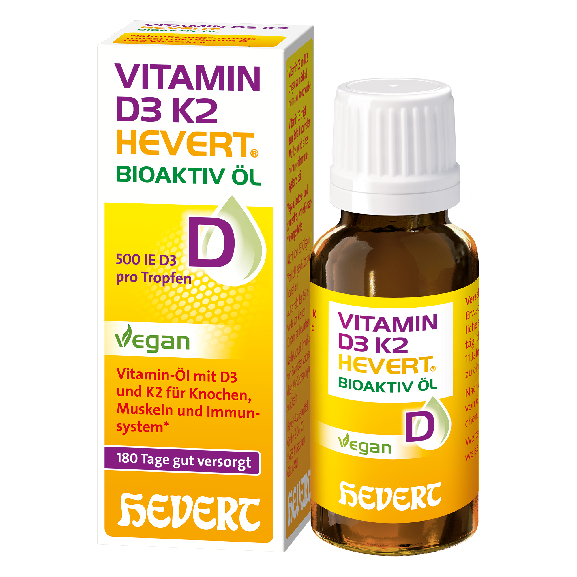 Vitamin D3 K2 HEVERT Bioaktiv Öl für gesunde Knochen und Muskeln sowie ein aktives Immunsystem, 20 ml Öl
