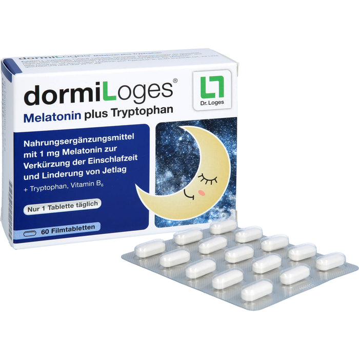 DormiLoges 1 mg Melatonin plus Tryptophan Filmtabletten zur Verkürzung der Einschlafzeit, 60 pcs. Tablets